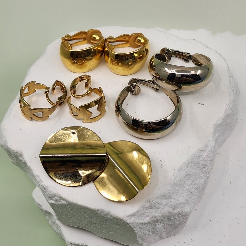 Vintage Clip On Earrings Set 4 Pairs Gold & Silver Tone Retro Statement Costume
